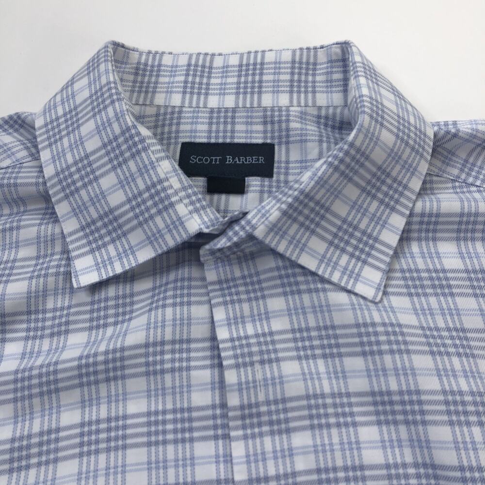 Scott Barber 17/36.5 Mens Button Long Sleeve Cotton Plaid Dress Shirt Blue